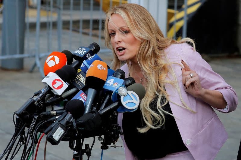 FILE PHOTO: Stormy Daniels speaks as she departs federal court in Manhattan, New York City