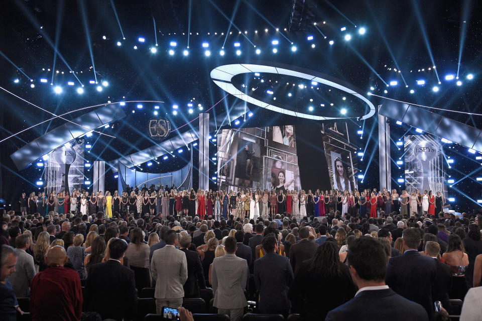 More than 100 survivors of Larry Nassar’s abuse accepted the Arthur Ashe Courage Award on Wednesday night at the ESPYs.(Getty Images)