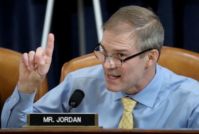 Rep. Jim Jordan (R-OH) questions constitutional scholars during testimony before the House Judiciary Committee hearing on the impeachment Inquiry into U.S. President Donald Trump on Capitol Hill in Washington