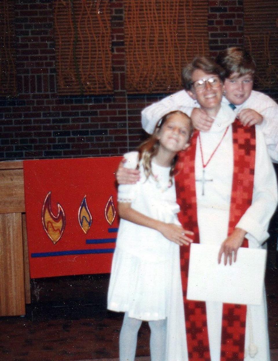 The author on ordination day with her son, Liam, and daughter, Maggie, at Trinity Lutheran Seminary, Bexley, Ohio (1993). (Photo: Courtesy of Rebecca Gummere)