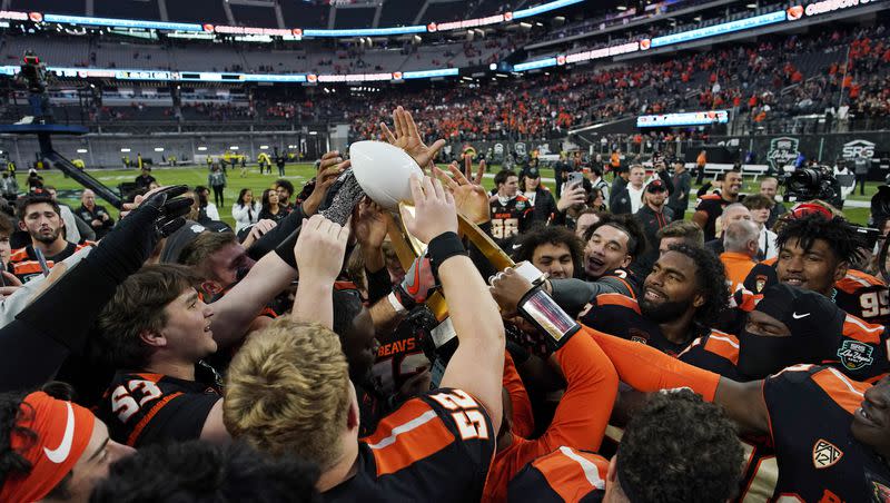 Oregon State players celebrate after defeating Florida in the 2022 Las Vegas Bowl on Saturday, Dec. 17, 2022, at Allegiant Stadium in Las Vegas. Could the Las Vegas Bowl become a Big 12 bowl tie-in if the Pac-12 dissolves?