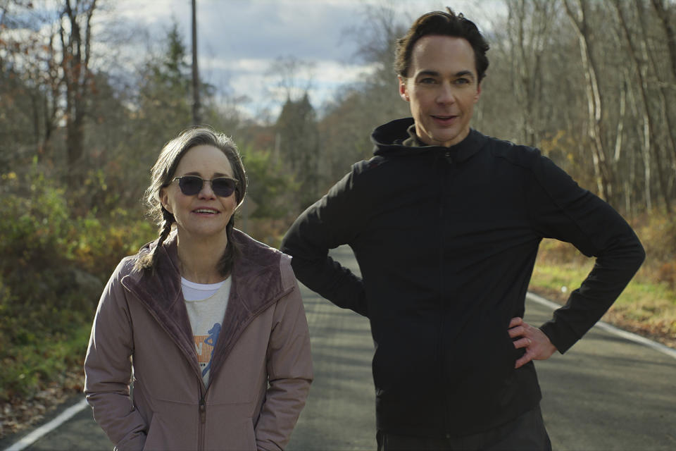 This image released by Focus Features shows Sally Field, left, and Jim Parsons in a scene from "Spoiler Alert." (Focus Features via AP)