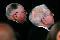 FILE PHOTO: Berkshire Hathaway Chairman Buffett and Vice Chairman Munger wait to begin the company's annual meeting in Omaha