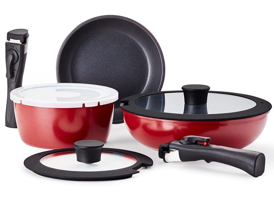 The space-saving design of these pots and pans allows you to stack them easily. (Source: Amazon)