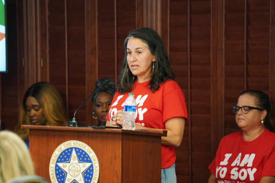 Supporters of Tulsa Public Schools speak in Oklahoma City on Thursday, Aug. 24, 2023.  (Chris Creese for NBC News)