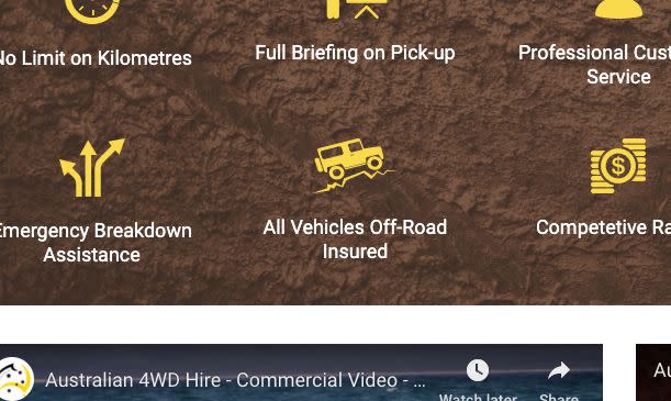 Australian 4WD Hire website showing the "all vehicles off-road insured" claim. [Image: Yahoo Finance screenshot] 