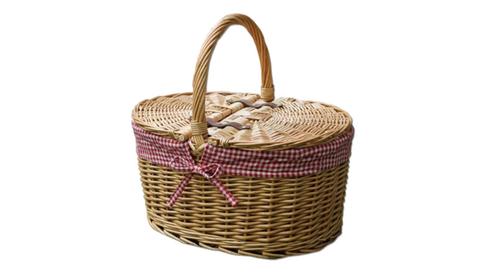 Oval Lidded Wicker Picnic Basket Red Check Lining