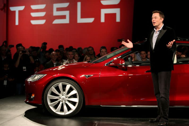 FILE PHOTO: Tesla Motors CEO Elon Musk speaks during the Model S Beta Event held at the Tesla factory in Fremont