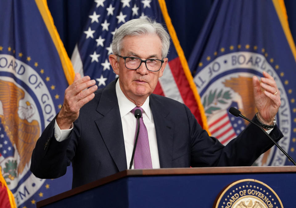 US Federal Reserve Chairman Jerome Powell speaks during a news conference after the release of the Fed policy decision to keep interest rates unchanged, at the Federal Reserve in Washington, U.S,  June 14, 2023.  REUTERS/Kevin Lamarque