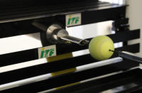 In this photo taken Friday June, 28, 2019, a tennis ball is rotated in a wind tunnel, showing how the ball moves in the air at different speeds, as it is tested at the International Tennis Federation (ITF) lab in Roehampton, near Wimbledon south west London. Based for about 20 years in a three-room area on what used to be a pair of squash courts in Roehampton, the ITF tech lab is filled with more than $1 million worth of machines that help make sure rules are followed and parameters are met. (AP Photo/Alastair Grant)