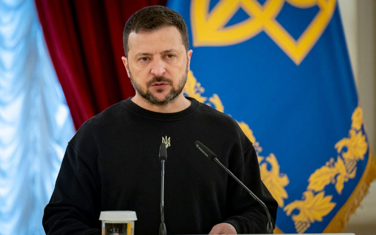 Volodymyr Zelensky, the president of Ukraine, at an award ceremony for soldiers in Kyiv on Monday