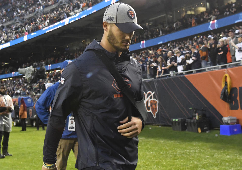 Bears QB Mitchell Trubisky will reportedly play against the Saints on Sunday, three weeks after dislocating his shoulder agains the Vikings. (David Banks-USA TODAY Sports)