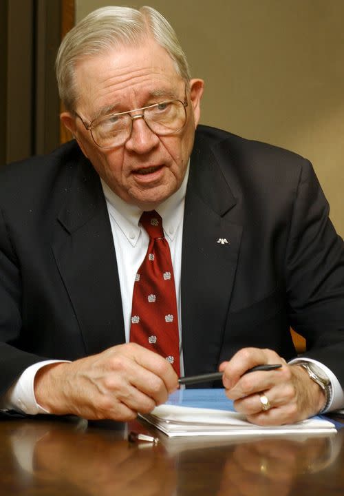 Dr. Donald A. Henderson speaks at the University of Arkansas for Medical Sciences about the risks of bioterrorism, Dec. 11, 2003.