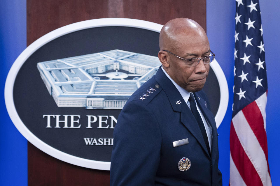 Chairman of the Joint Chiefs of Staff Air Force Gen. CQ Brown, enters the Press Briefing Room to participate in a virtual Ukraine Defense Contact Group (UDCG) meeting, Wednesday, Nov. 22, 2023, at the Pentagon in Washington. (AP Photo/Cliff Owen)