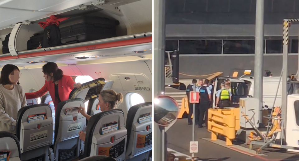 Passengers sit in their seats, a member of the cabin crew holds the cabin door open (left) and police officers on the tarmac at Melbourne Airport (right). 