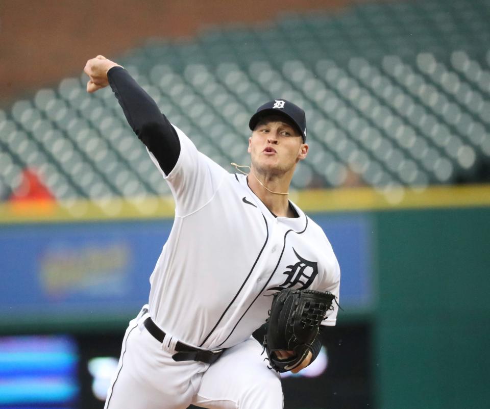 Detroit Tigers starter Matt Manning (25) pitches against the Boston Red Sox during first inning Monday, April 11, 2022, at Comerica Park  in Detroit.