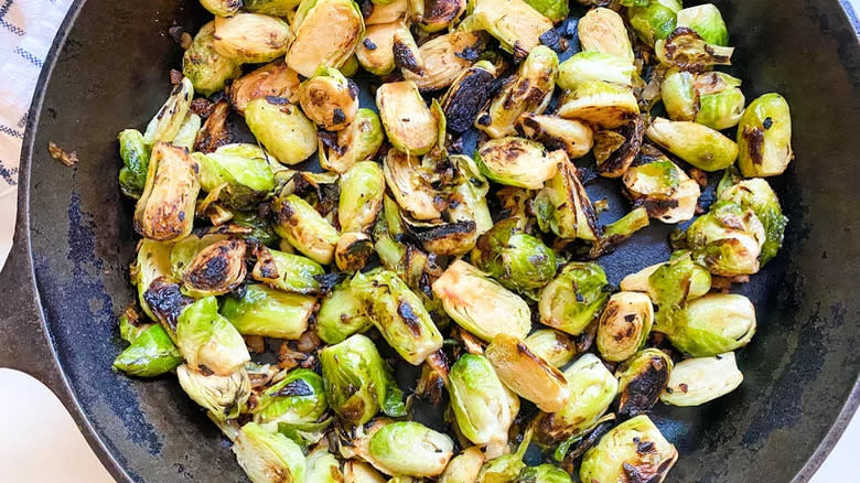 Charred Brussels sprouts in skillet