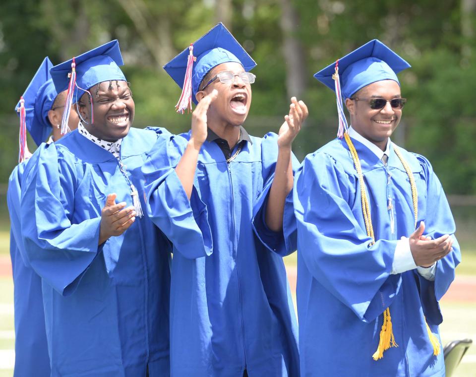 Graduates cheer for classmates during graduation exercises at Southeastern Regional Vocational Technical High School in Easton on Thursday, June 10, 2021.