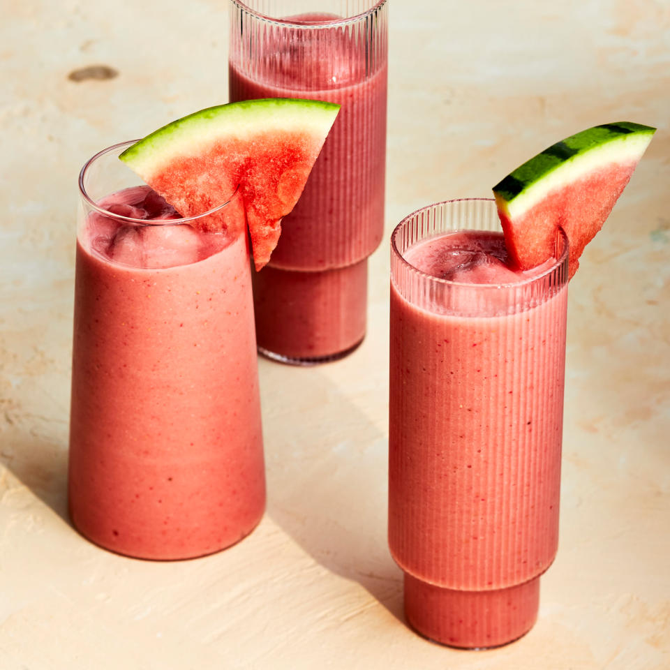<p>This creamy vegan watermelon smoothie has a subtle coconut flavor thanks to coconut-milk yogurt. Strawberries add color and banana adds a smooth texture while letting the watermelon flavor shine through. <a href="https://www.eatingwell.com/recipe/7893595/creamy-watermelon-smoothie/" rel="nofollow noopener" target="_blank" data-ylk="slk:View Recipe" class="link ">View Recipe</a></p>