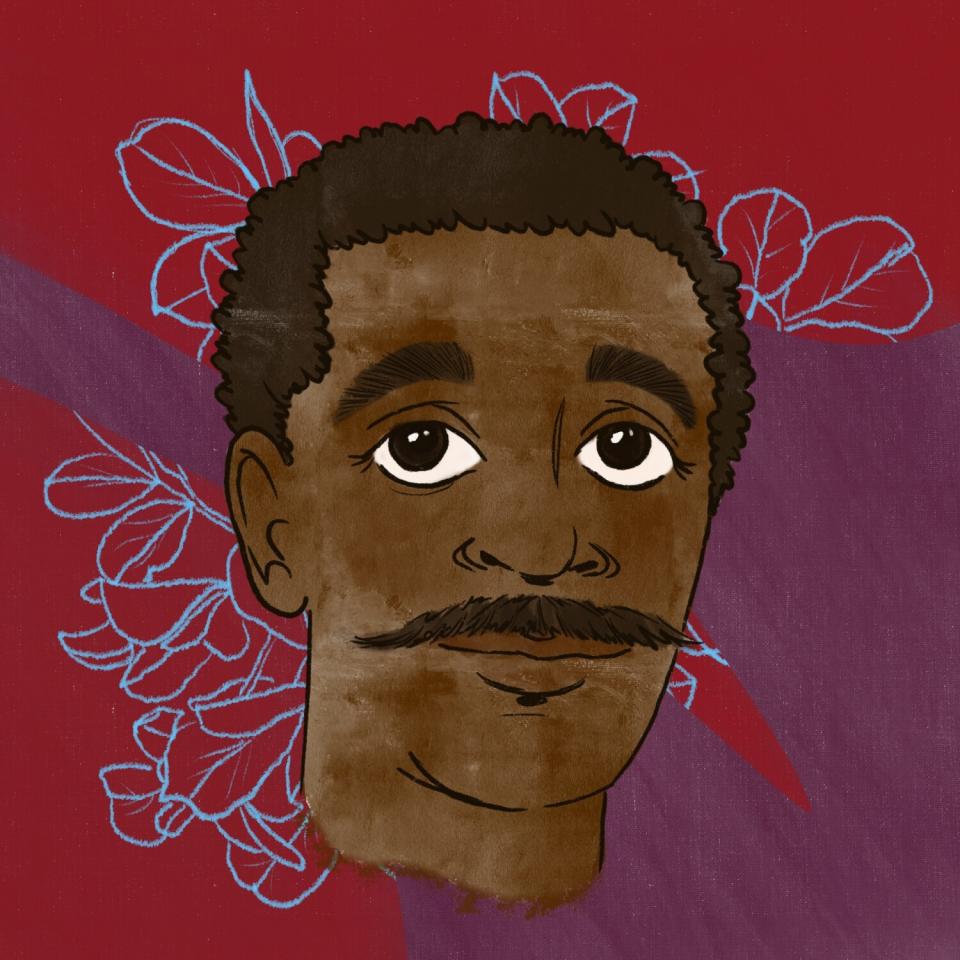 An illustration of George Washington Carver on a maroon background with blue flowers