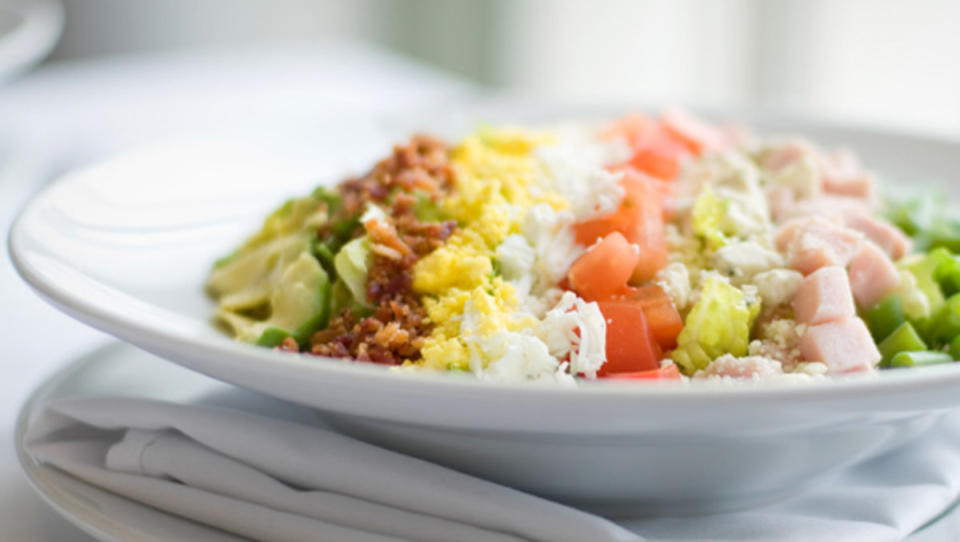 <p>Sheila Lukins</p><p>It's ok to change up the ingredients in a Cobb salad so if you prefer turkey to chicken or ham, dice it up and throw it in your salad. Enjoy your meal!</p><p><strong>Get the recipe here: <a href="/30775/sheilalukins/turkey-cobb-salad/" data-ylk="slk:Turkey Cobb Salad;elm:context_link;itc:0;sec:content-canvas" class="link ">Turkey Cobb Salad</a></strong></p>