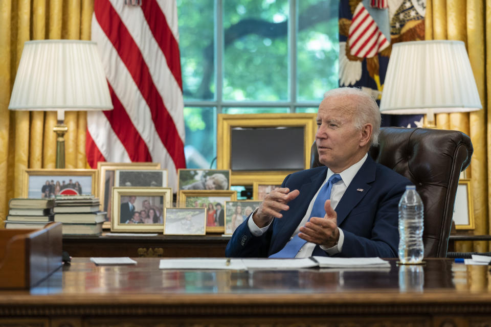 President Joe Biden speaks during an interview with the Associated Press in the Oval Office of the White House, Thursday, June 16, 2022, in Washington. (AP Photo/Evan Vucci)