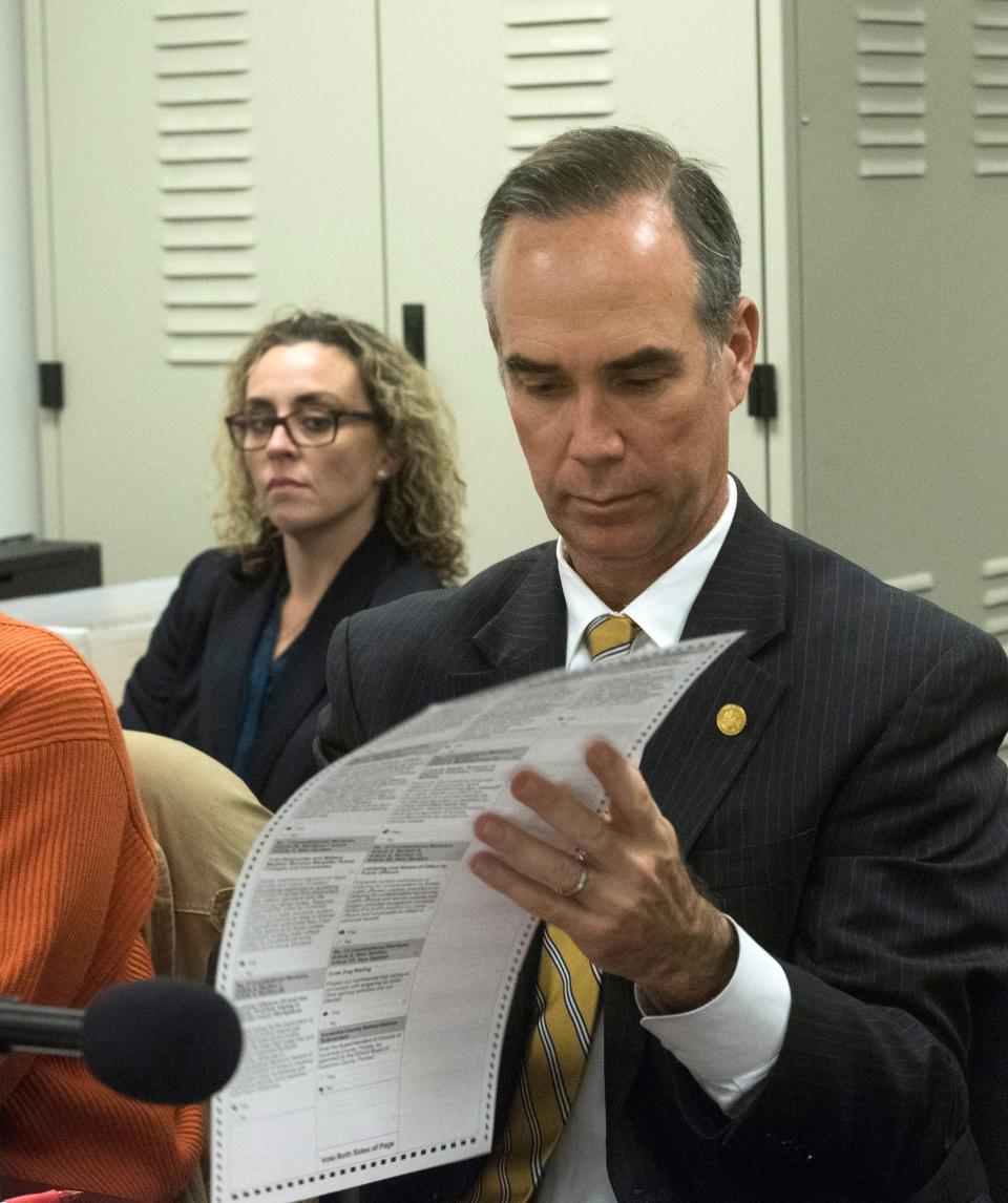 Escambia County Supervisor of Elections David Stafford, seen here inspecting a ballot during a manual recount of votes on Friday, Nov. 16, 2018, has announced he is resigning in January 2024 to take a job as an election security advisor with the U.S. Department of Homeland Security.