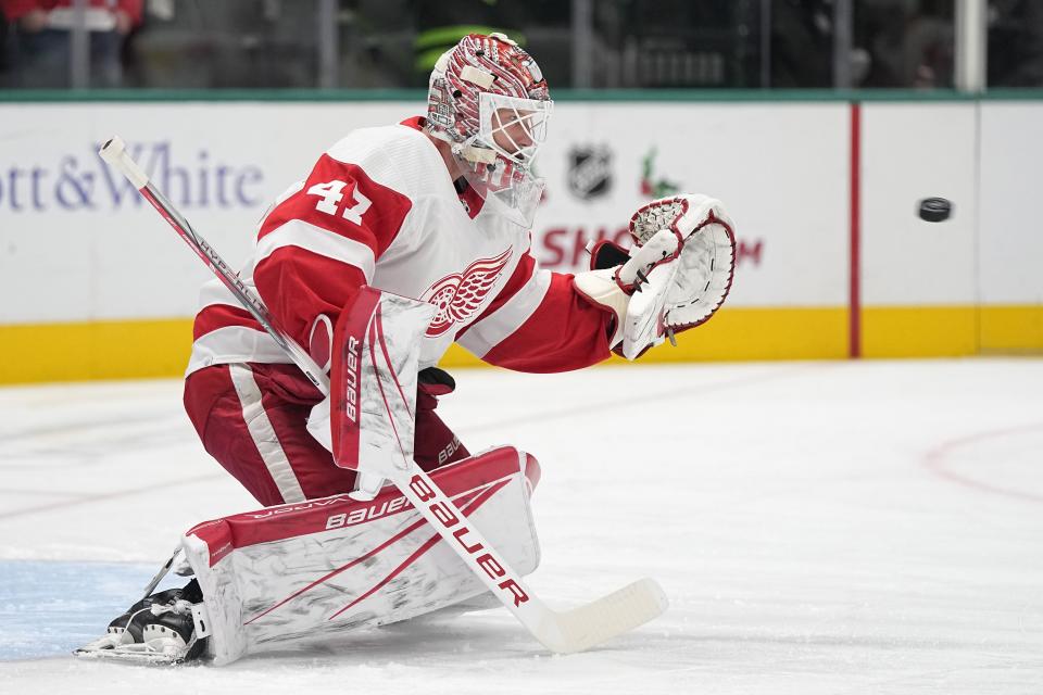 Red Wings goalie James Reimer warms up before a game against the Stars on Monday, Dec. 11, 2023, in Dallas.