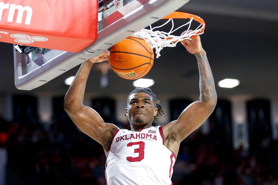 Oklahoma guard Otega Oweh (3) dunks the ball in the second half during an NCAA basketball game between University of Oklahoma (OU) and Texas Tech at the Lloyd Noble Center in Norman, Okla., on Saturday, Jan. 27, 2024.