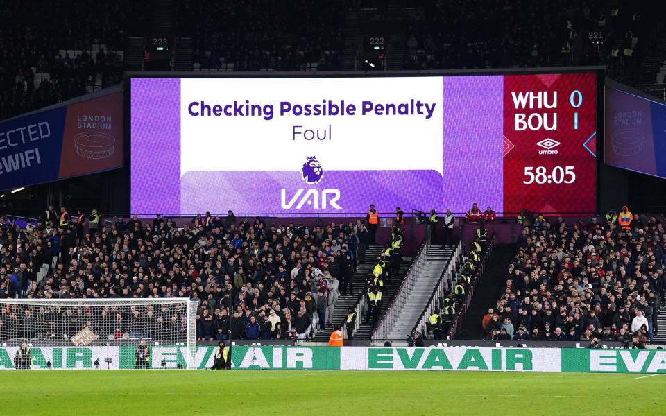 A VAR review is relayed to fans during West Ham's Premier League draw against Bournemouth