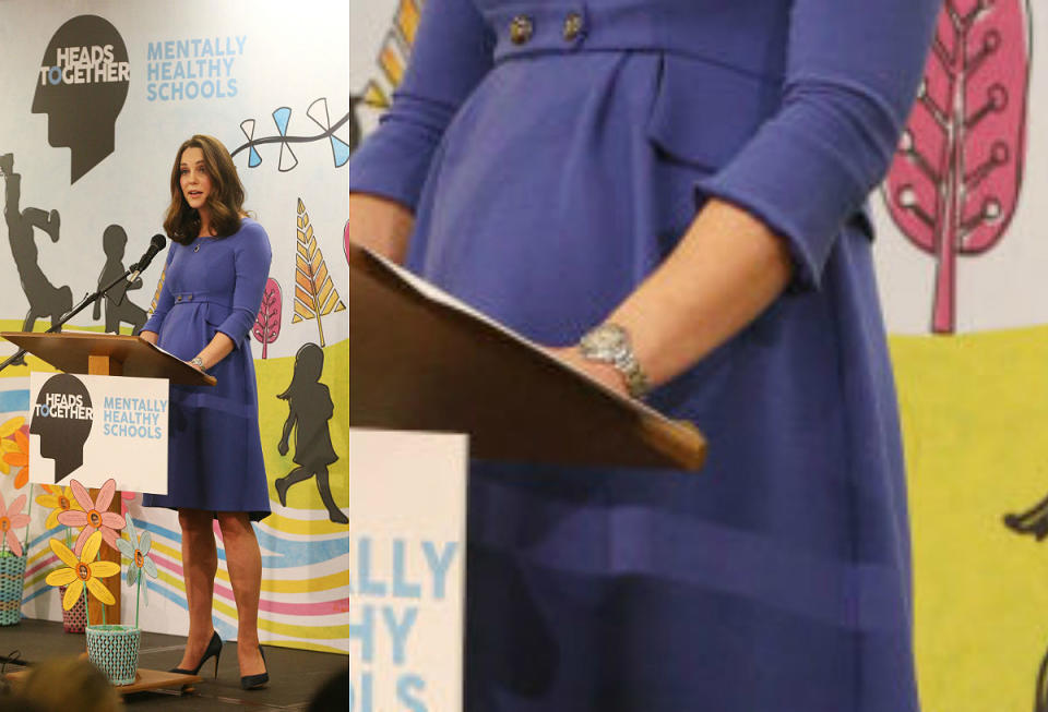 <p><strong>When: Jan. 23, 2018</strong><br>Kate Middleton is set to give birth to her third child in April — and the public finally got the first real glimpse of her growing baby bump when she wore a knee-length blue maternity dress on Tuesday morning. The 36-year-old Duchess gave a powerful speech about mental health at Roe Green Junior School in London while rocking a fitted Serpahine dress. </p>