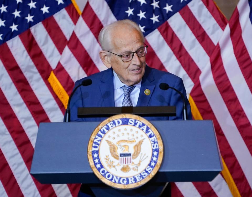 Dec. 13, 2023; Washington, D.C., USA - Congressman Bill Pascrell (D-NJ) speaks as Larry Doby, a pioneering force for Black baseball players and a native of Paterson, N.J. is honored with the Congressional Gold Medal during a ceremony at the U.S. Capitol in Washington, D.C. Mandatory Credit: Jack Gruber-USA TODAY