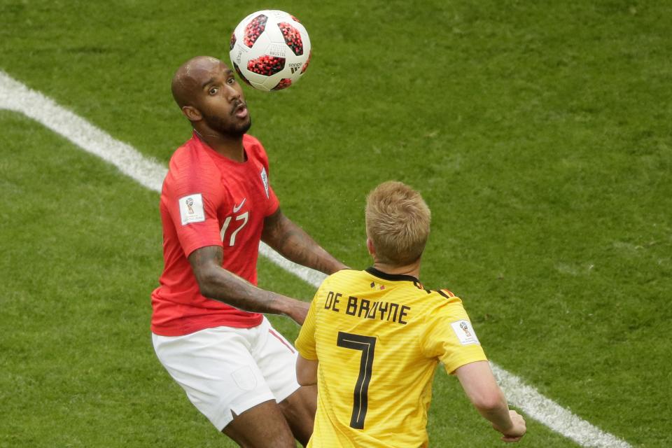 <p>England’s Fabian Delph, left and Belgium’s Kevin De Bruyne go for the ball during the third place match between England and Belgium at the 2018 soccer World Cup in the St. Petersburg Stadium in St. Petersburg, Russia, Saturday, July 14, 2018. (AP Photo/Dmitri Lovetsky) </p>