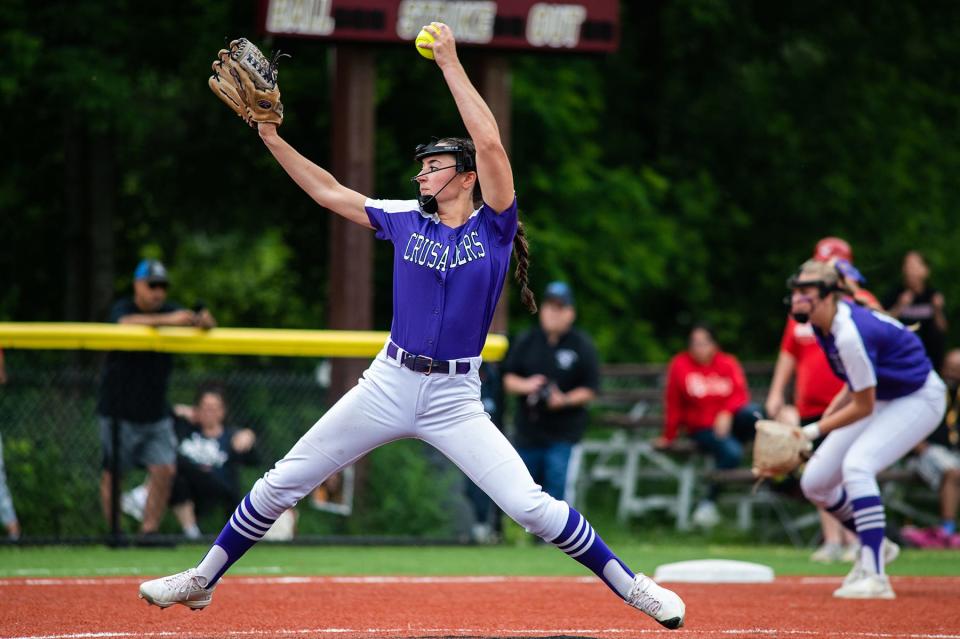 Monroe-Woodbury's Brianna Roberts pitches during the semi regional Class AA softball ball game at Arlington High School in Lagrangeville, NY on Wednesday, June 1, 2022. Monroe-Woodbury defeated North Rockland 12-0.