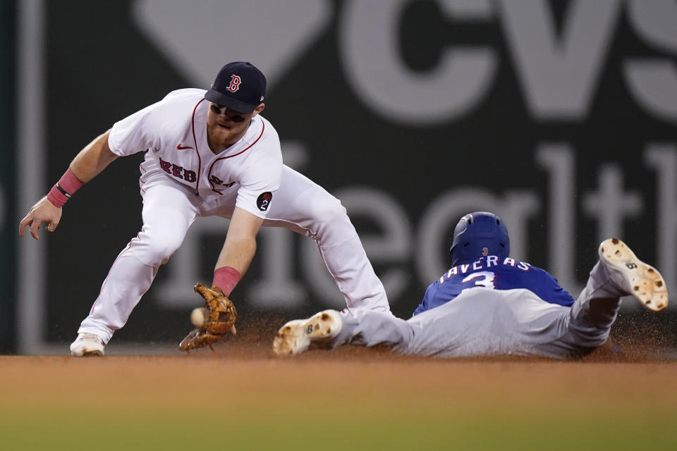 Texas Rangers' Leody Taveras (3) steals second base as Boston Red Sox's Christian Arroyo (39) waits for the the throw during the second inning of a baseball game Thursday, Sept. 1, 2022, in Boston. (AP Photo/Steven Senne)