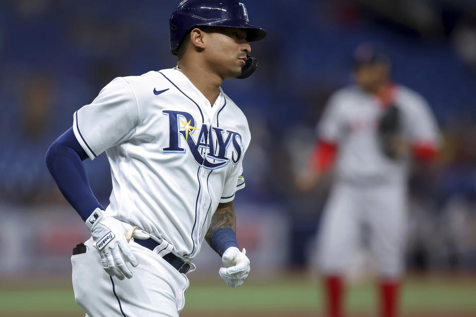 Tampa Bay Rays' Christian Bethancourt runs the bases after hitting a home run against the Boston Red Sox during the sixth inning of a baseball game Tuesday, Sept. 6, 2022, in St. Petersburg, Fla. (AP Photo/Mike Carlson)