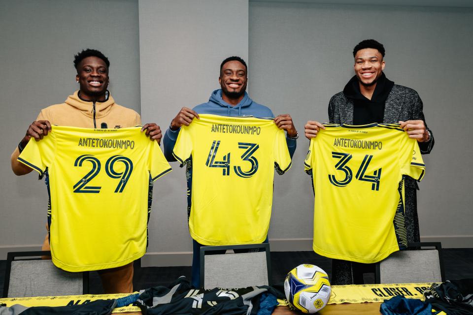 Professional basketball brothers Giannis (right), Thanasis (middle), Alex (left) and Kostas (not picured) Antetokounmpo join Nashville Soccer Club ownership stake.