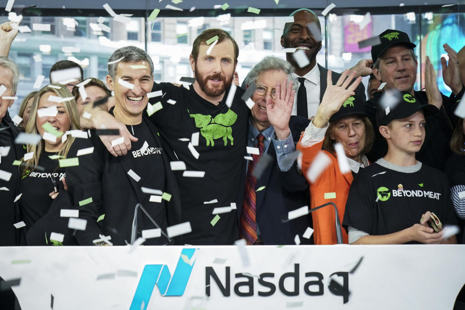NEW YORK, NY - MAY 2: Beyond Meat CEO Ethan Brown (C) celebrates with guests after ringing the opening bell at Nasdaq MarketSite, May 2, 2019 in New York City. Valued at around $1.5 billion, Beyond Meat makes plant-based burgers and sausages. (Photo by Drew Angerer/Getty Images)