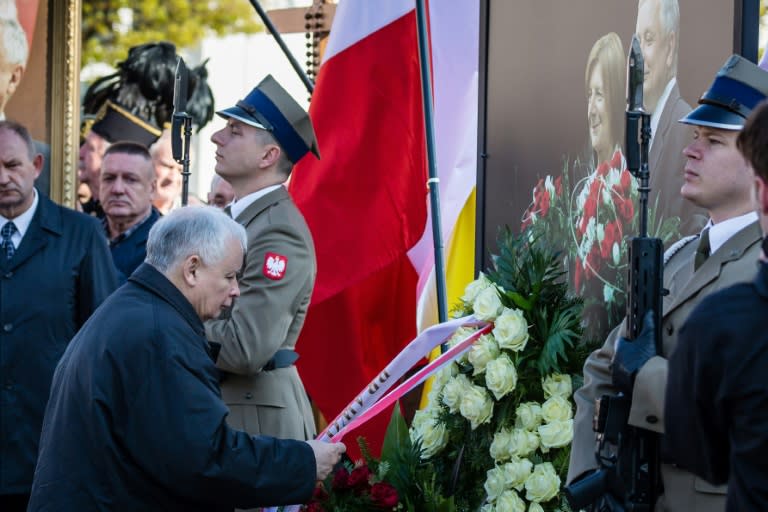 Jaroslaw Kaczynski -- the leader of the ruling Law and Justice party (PiS) -- lays a wreath to mark the seventh anniversary of the presidential plane crash in Smolensk, during a ceremony in Warsaw, on April 10, 2017