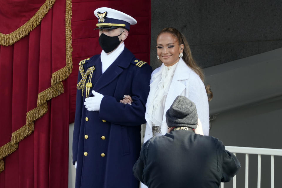 Jennifer Lopez arrives to perform during the 59th Presidential Inauguration at the U.S. Capitol in Washington, Wednesday, Jan. 20, 2021. (AP Photo/Andrew Harnik)