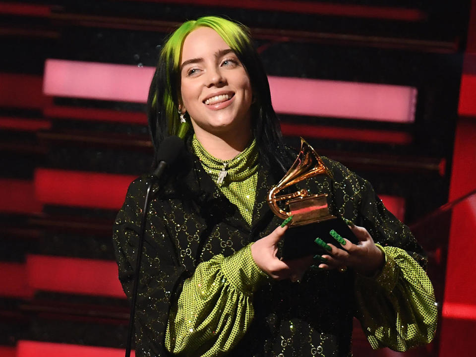 Singer-songwriter Billie Eilish accepts the award for Best New Artist during the Grammy Awards on Jan. 26, 2020, in Los Angeles. / Credit: ROBYN BECK/AFP via Getty Images