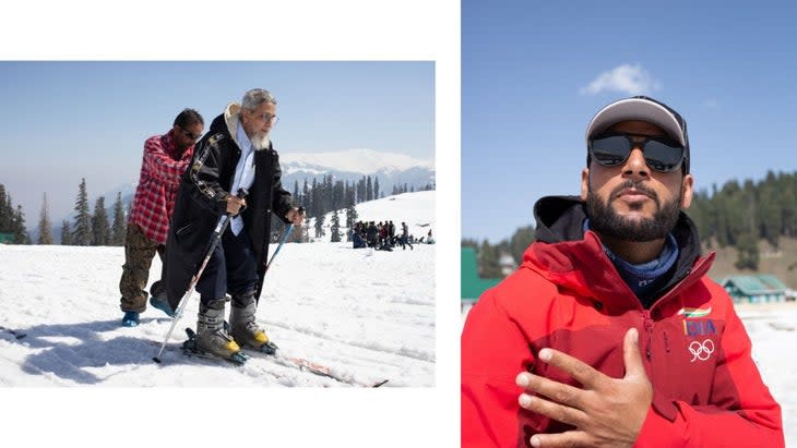 <span class="article__caption">Left: An elderly Indian tourist eagerly learns to ski with the guidance of a local Kashmiri instructor at Phase I of the scenic Gulmarg trail. Right: Arif Khan, 31, the sole Indian athlete and a proud Kashmiri skier who represented India at the 2022 Beijing Winter Olympics. </span> (Photo: Zishaan Latif)