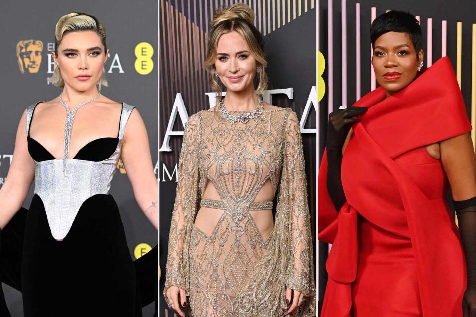 <p>Joe Maher/BAFTA/Getty, Gareth Cattermole/BAFTA/Getty, Alan Chapman/Dave Benett/Getty</p> Florence Pugh, Emily Blunt and Fantasia Barrino at 2024 BAFTAs