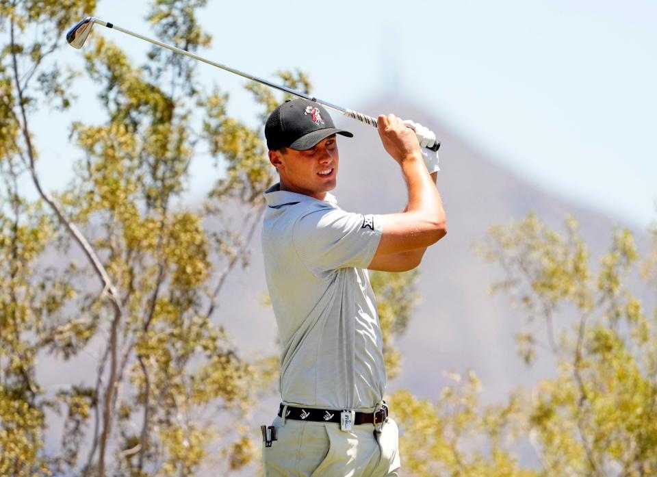 Texas Tech golfer Ludvig Aberg hits his tee shot during Friday's first round of the NCAA championship tournament at Grayhawk Golf Club in Scottsdale, Arizona.  Texas Tech and Ohio State players will play off early Monday to be the last of the 15 teams making the cut for Monday's fourth round.