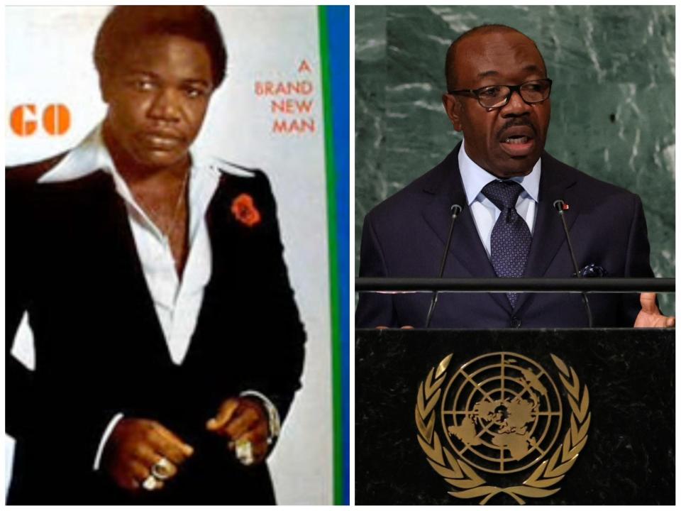 Left: a screenshot from the cover of Alain Bongo's 1977 funk album "A Brand New Man". Right: President Ali Bongo Ondimba addressing the UN in 2022.