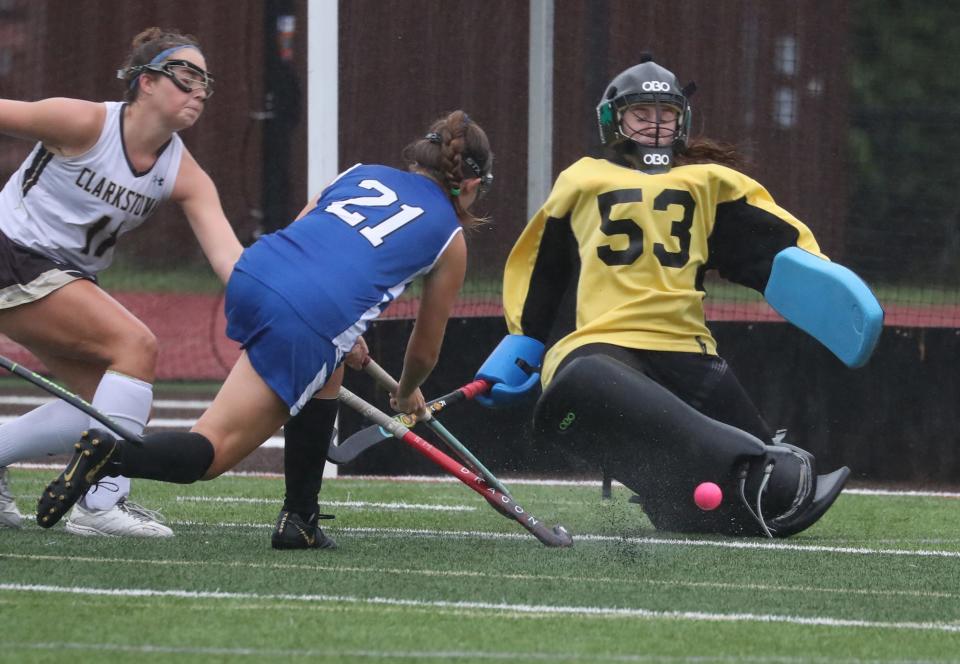 Clarkstown South goalie Hannah Doherty kicks aside a shot by Pearl River's IKacey Pritts during their game at Clarkstown South Sept. 6, 2022. Clarkstown South won 9-2.