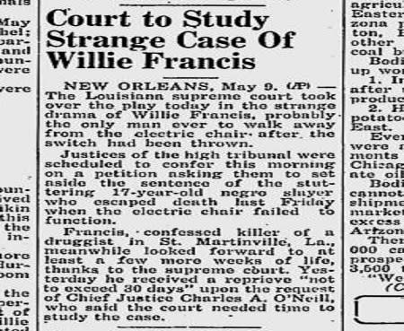 Artículo sobre la apelación de Willie Francis en el peridico Prescott Evening Courier (imagen vía Google News)