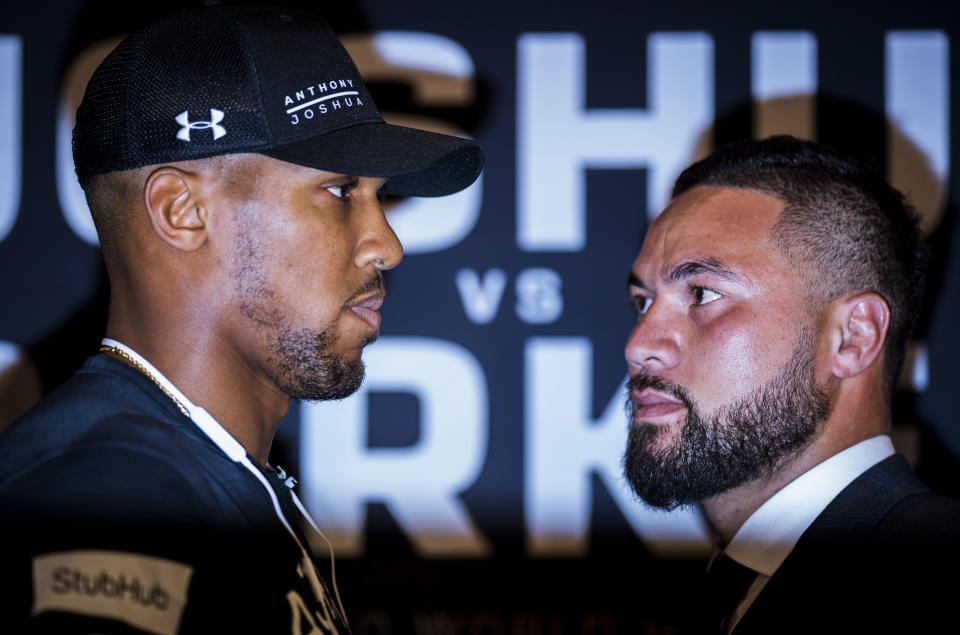 The March 31 heavyweight title unification bout between IBF-WBA champion Anthony Joshua (L) and WBO champ Joseph Parker will be televised live in the U.S. on Showtime. (Getty Images)