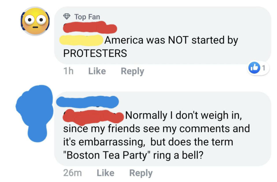 Person who says America was not started by protesters, and the other person asks if they're aware of the Boston Tea Party