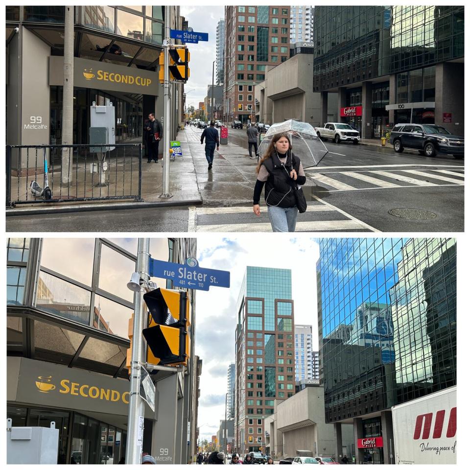 crooked Ottawa downtown pedestrian crossing signs October November 2023